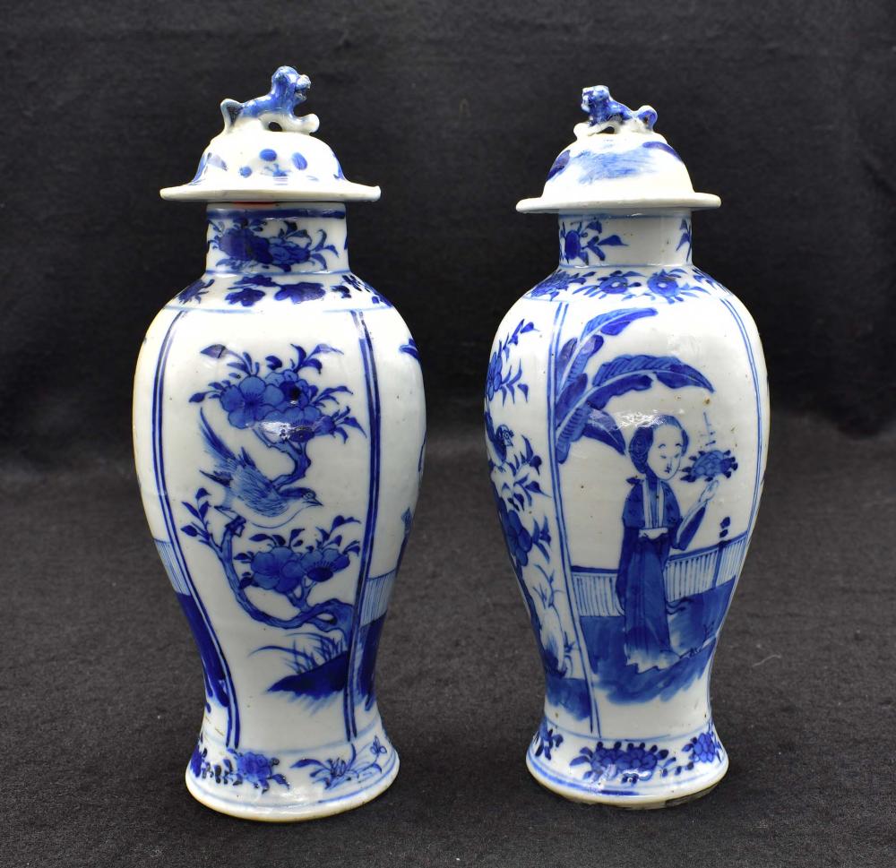 Appraisal: PAIR OF CHINESE BLUE WHITE PORCELAIN COVERED VASESThe underside with