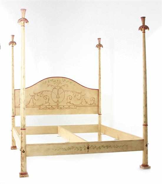 Appraisal: Adam style painted four-poster bed shaped scroll-and-foliage painted headboard encompassed