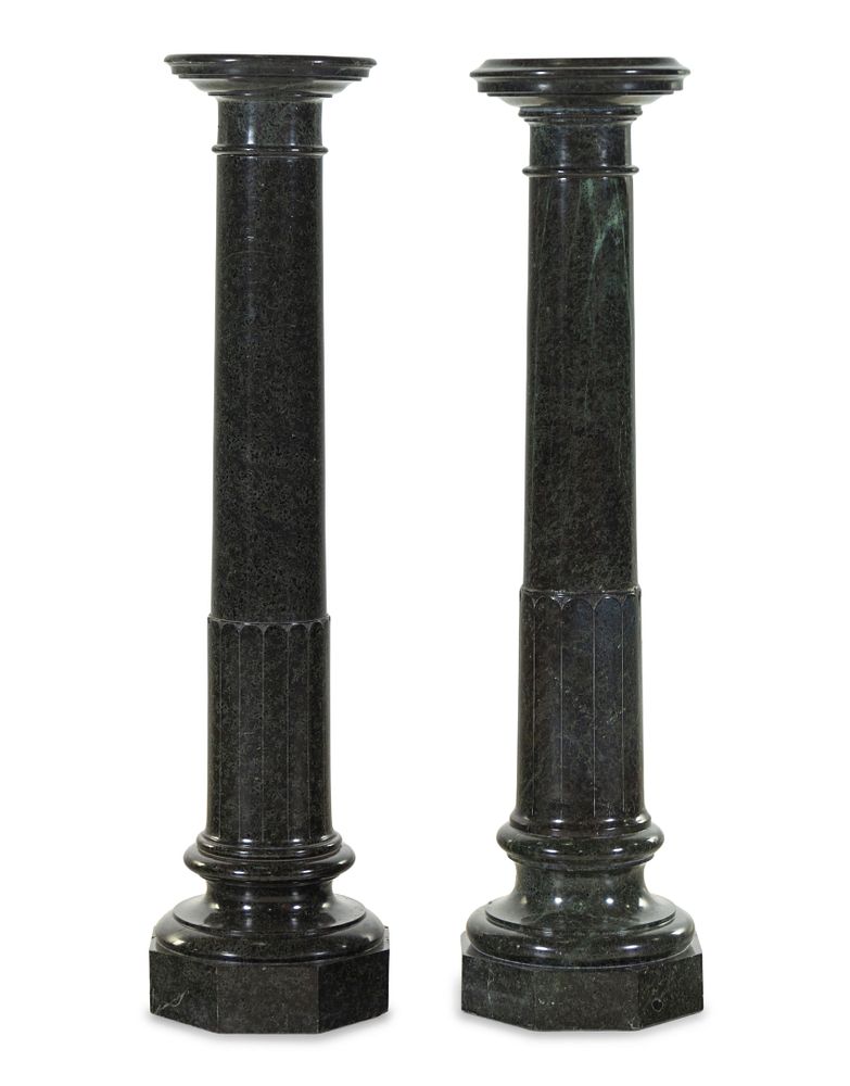 Appraisal: A Pair of Neoclassical Carved Verde Antico Marble Pedestals A