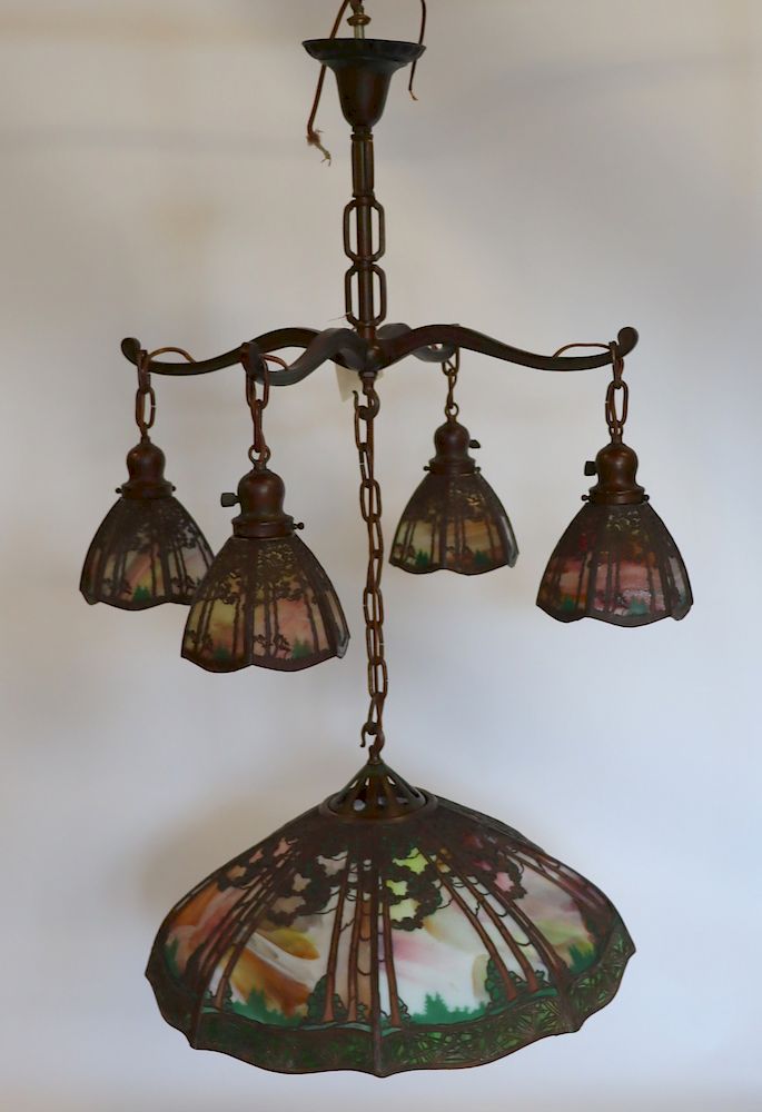 Appraisal: HANDEL Signed Pine Tree Chandelier with four pine tree hanging