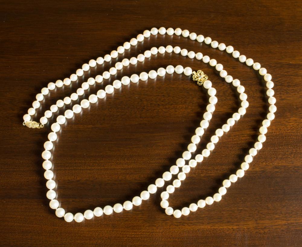 Appraisal: TWO WHITE PEARL AND FOURTEEN KARAT GOLD NECKLACES including a