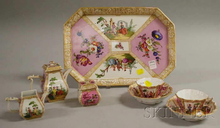 Appraisal: Eight-piece French Gilt and Hand-painted Porcelain Tea Set including tray