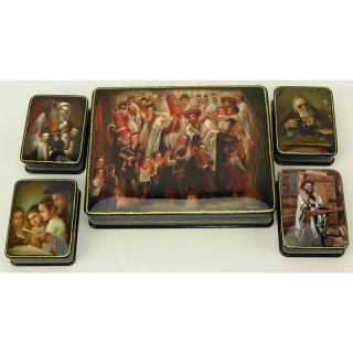 Appraisal: Collection of Five Russian Judaica Lacquered Boxes Collection of Five