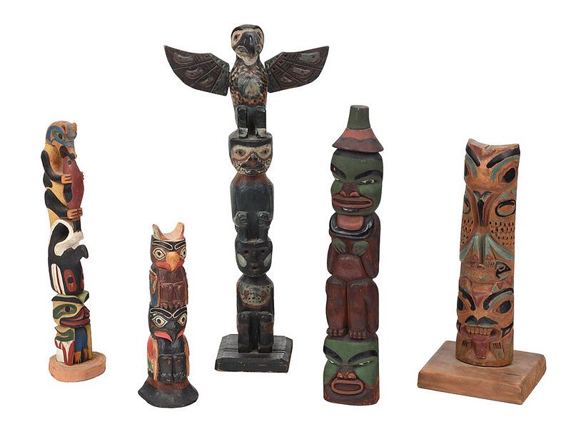 Appraisal: Five Northwest Coast Polychrome Decorated Totems early to mid th