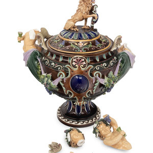 Appraisal: A Continental Majolica Covered Urn As-Is th Century Height x