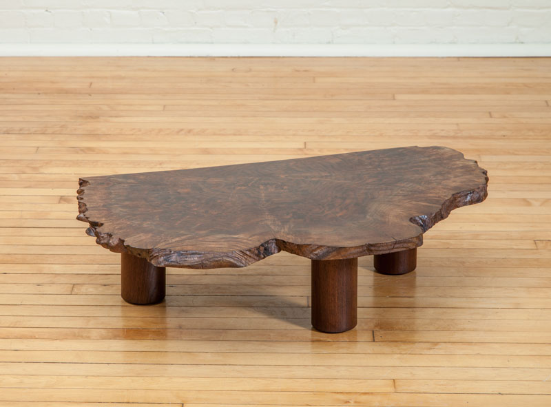 Appraisal: WALNUT BURL THREE-LEG LOW TABLE x x in The Collection