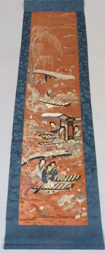 Appraisal: Four Chinese silk work panels each embroidered with various figures