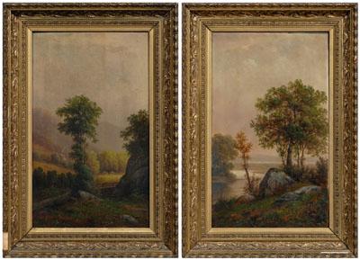 Appraisal: Pair late th century landscapes meadow mountains and bridge signed