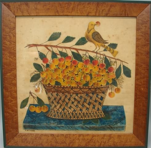 Appraisal: Featuring basket of cherries with bird h x w signed