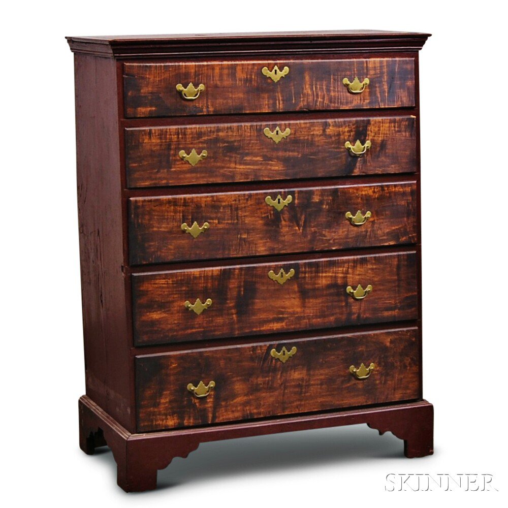 Appraisal: Chippendale Red-painted Tiger Maple Tall Chest New England th century