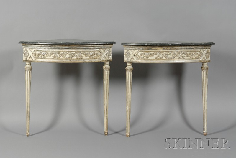 Appraisal: Pair of Continental Neoclassical Painted and Silvered Wood Marble-top Corner