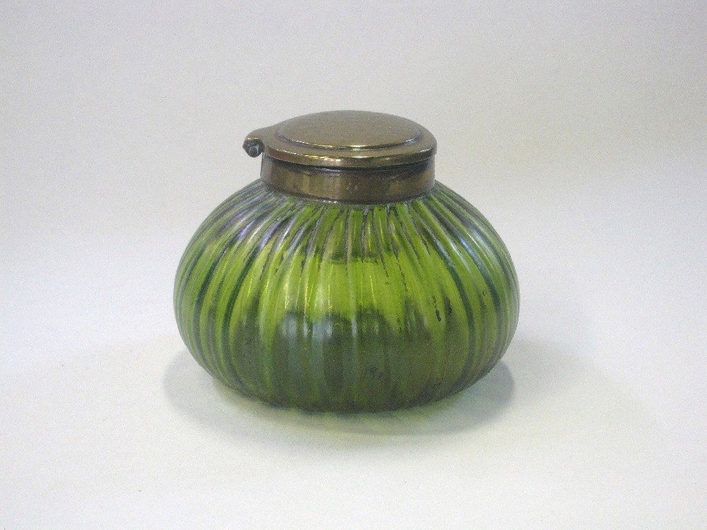 Appraisal: Iridescent green glass inkwell with brass mounts