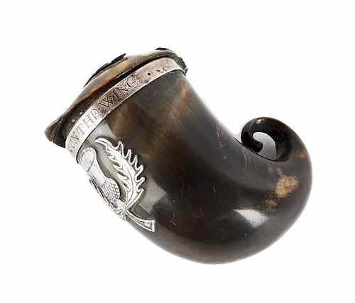 Appraisal: Scottish silver mounted horn snuff mull ca with applied thistle