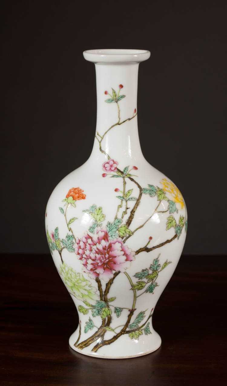 Appraisal: CHINESE FAMILLE ROSE PORCELAIN VASE baluster form with finely enameled