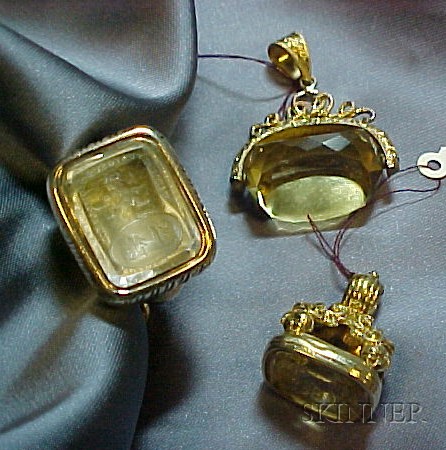 Appraisal: Group of Three Antique Gold Gem-set Fobs two seal fobs