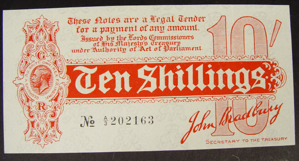 Appraisal: Ten shilling note signed John Bradbury no UNC