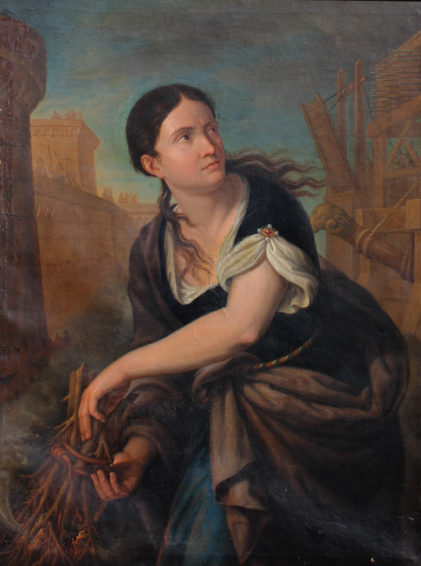 Appraisal: FINELY DONE ALLEGORICAL PAINTING OF YOUNG WOMAN WARRIOR Scene depicts