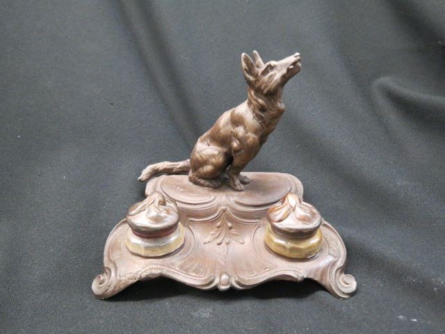 Appraisal: Bronzed Figural Inkwell with Dog deco era double well