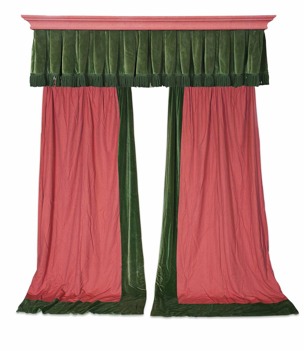 Appraisal: THREE PAIRS OF RED LINEN AND GREEN VELVET CURTAINS AND