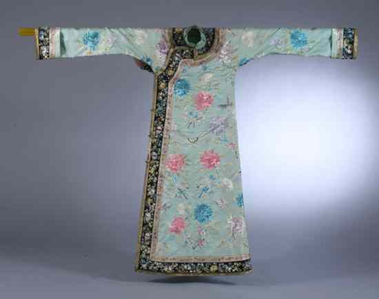 Appraisal: CHINESE EMBROIDERED TURQUOISE SILK ROBE Qing Dynasty Worked in Pekin