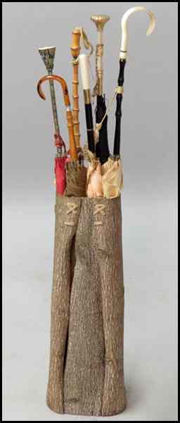 Appraisal: SIX ANTIQUE PARASOLS Together with a stitched bark umbrella stand