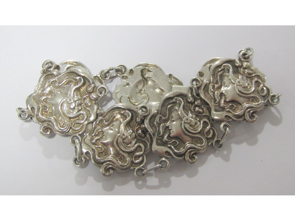 Appraisal: Art Nouveau silver bracelet made up of embossed plaques depicting