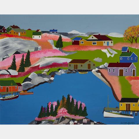 Appraisal: JOE NORRIS AUTUMN FISHING COMMUNITY enamel on canvas signed and