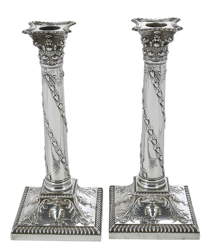 Appraisal: Pair of English Silver Candlesticks London Corinthian column with diagonal