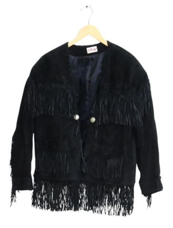 Appraisal: Ladies black fringed collarless jacket by Char Santa Fe marked