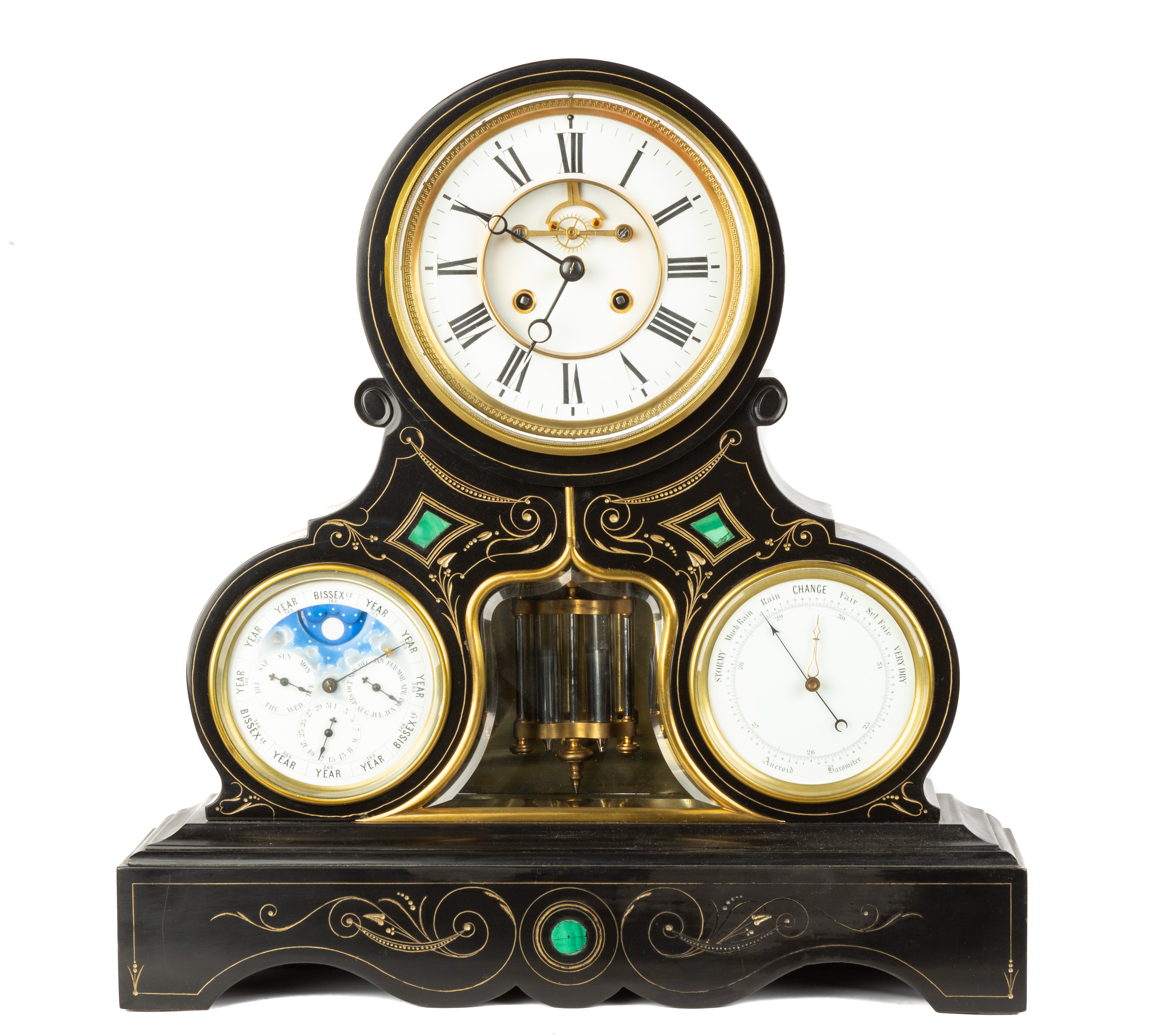 Appraisal: AESTHETIC L MARTI CIE SLATE MALACHITE INLAID SHELF CLOCK French