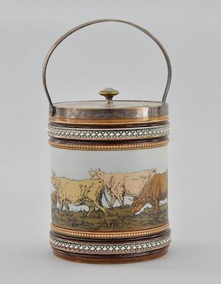 Appraisal: A Mettlach Biscuit Barrel The sides decorated with polychrome images