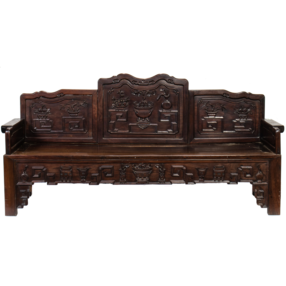 Appraisal: CHINESE CARVED HARDWOOD SETTE Chinese carved hardwood sette the wide