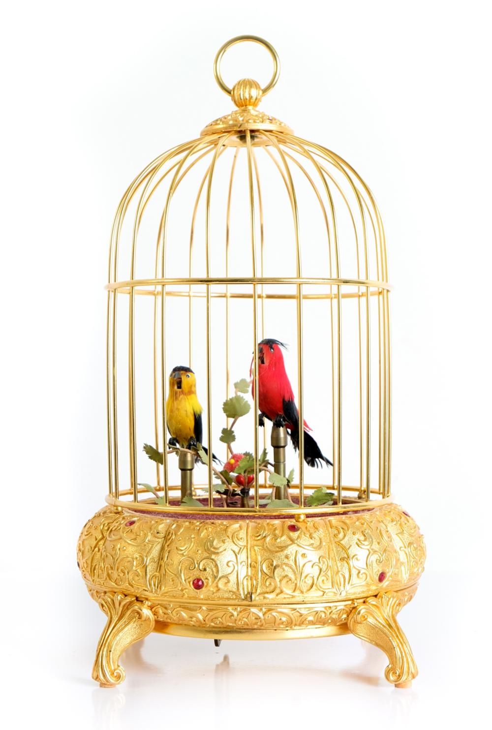 Appraisal: DOUBLE SINGING BIRDS IN JEWELED CAGE AUTOMATONGerman th century Double