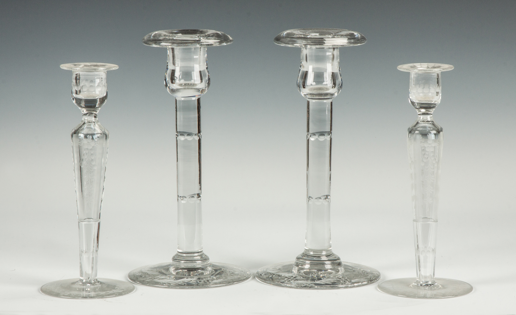 Appraisal: Two Pairs of Hawkes Engraved Glass Candlesticks