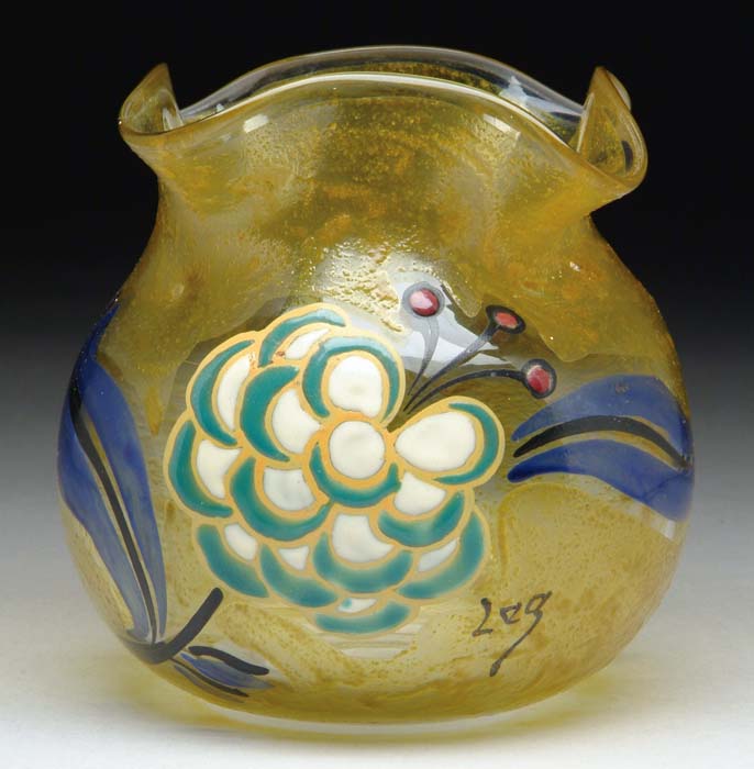 Appraisal: LEGRAS ENAMELED VASE Squat Legras vase has yellow enameled background