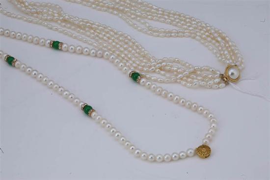 Appraisal: TWO PEARL NECKLACES One double strand of to mm semi-baroque