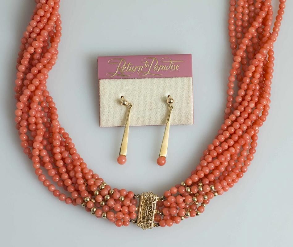 Appraisal: Coral Necklace Earrings Nine strand coral and k yellow gold