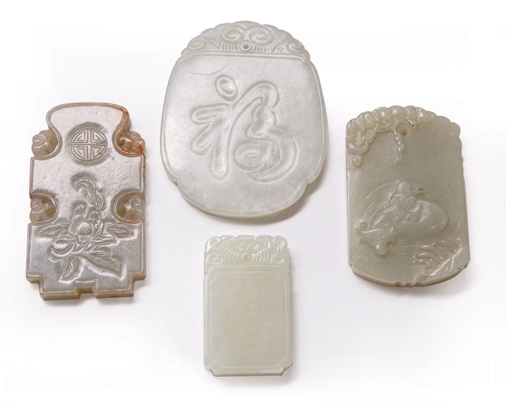 Appraisal: Four Chinese Celadon Jade Plaques or Pendants incl rounded rectangular-form