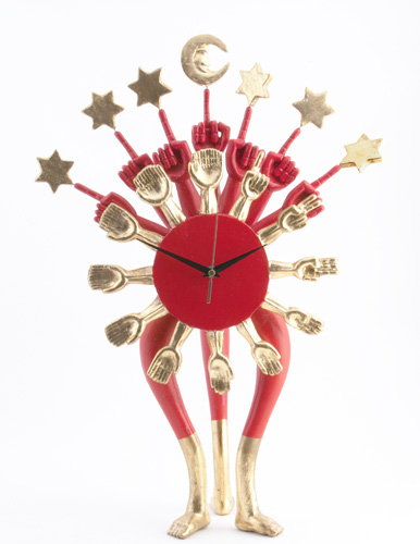 Appraisal: PEDRO FRIEDEBERG Three-legged figural mahogany clock painted in red and