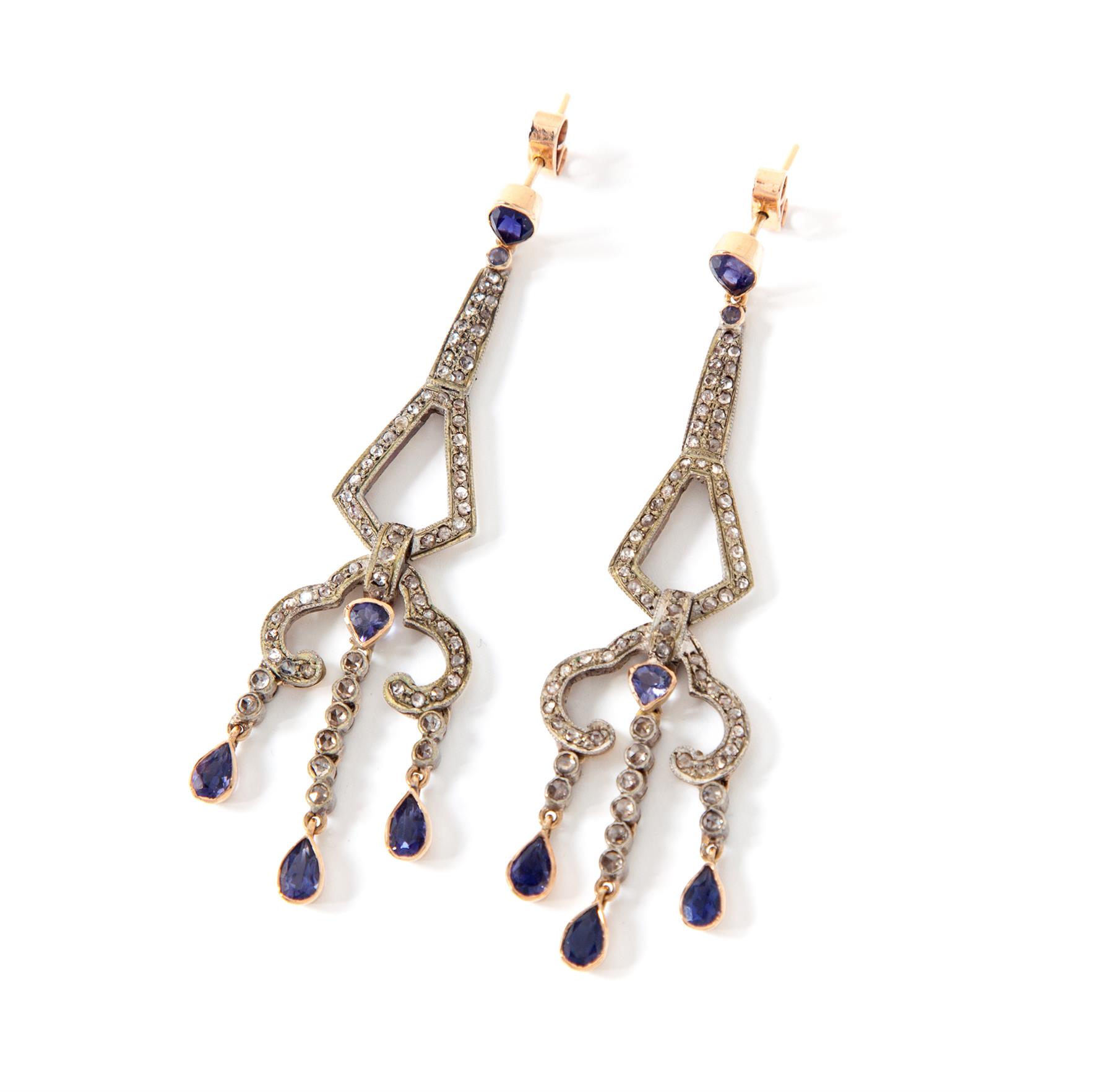 Appraisal: VICTORIAN-STYLE SAPPHIRE AND DIAMOND EARRINGS Indian th century Silver and