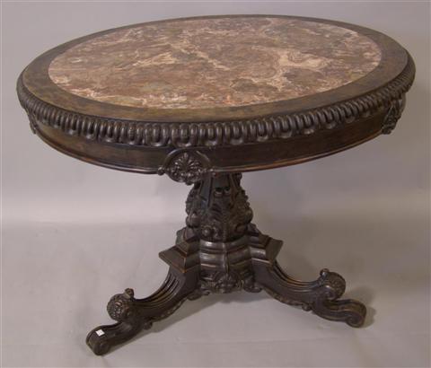 Appraisal: CHINESE ROUGE MARBLE INSET CARVED HARDWOOD CENTER TABLE th century