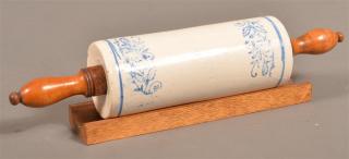 Appraisal: Antique Glazed Stoneware Pottery Rolling Pin Cobalt blue stenciled wild