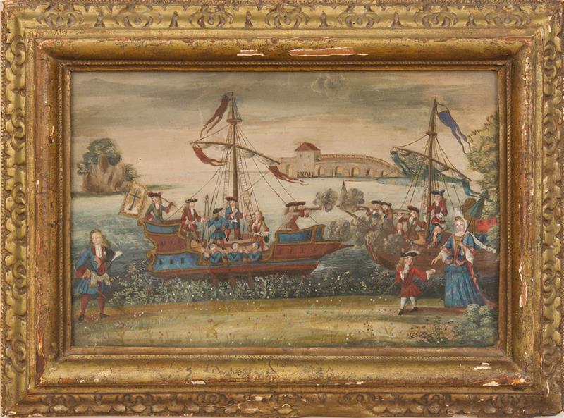 Appraisal: CONTINENTAL SCHOOL A BATTLE SCENE IN A HARBOR Watercolor on