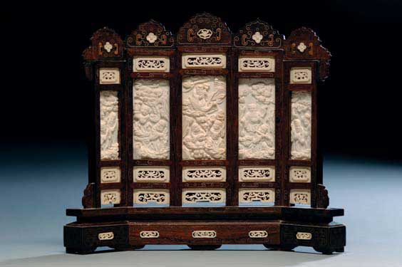 Appraisal: IVORY AND WOOD TABLESCREEN Finely carved Chinese tablescreen with five