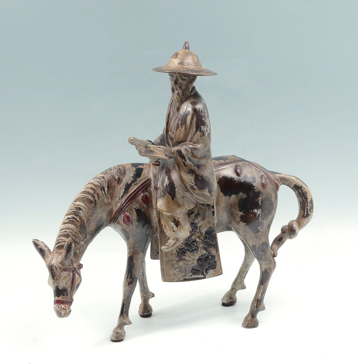 Appraisal: JAPANESE BRONZE SCHOLAR ON HORSE Japanese bronze pc sculpture of