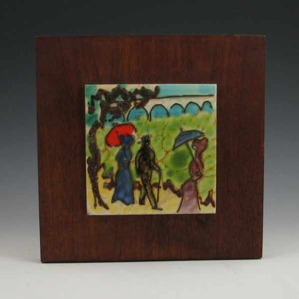 Appraisal: Scenic tile with figures mounted to a board Excellent condition