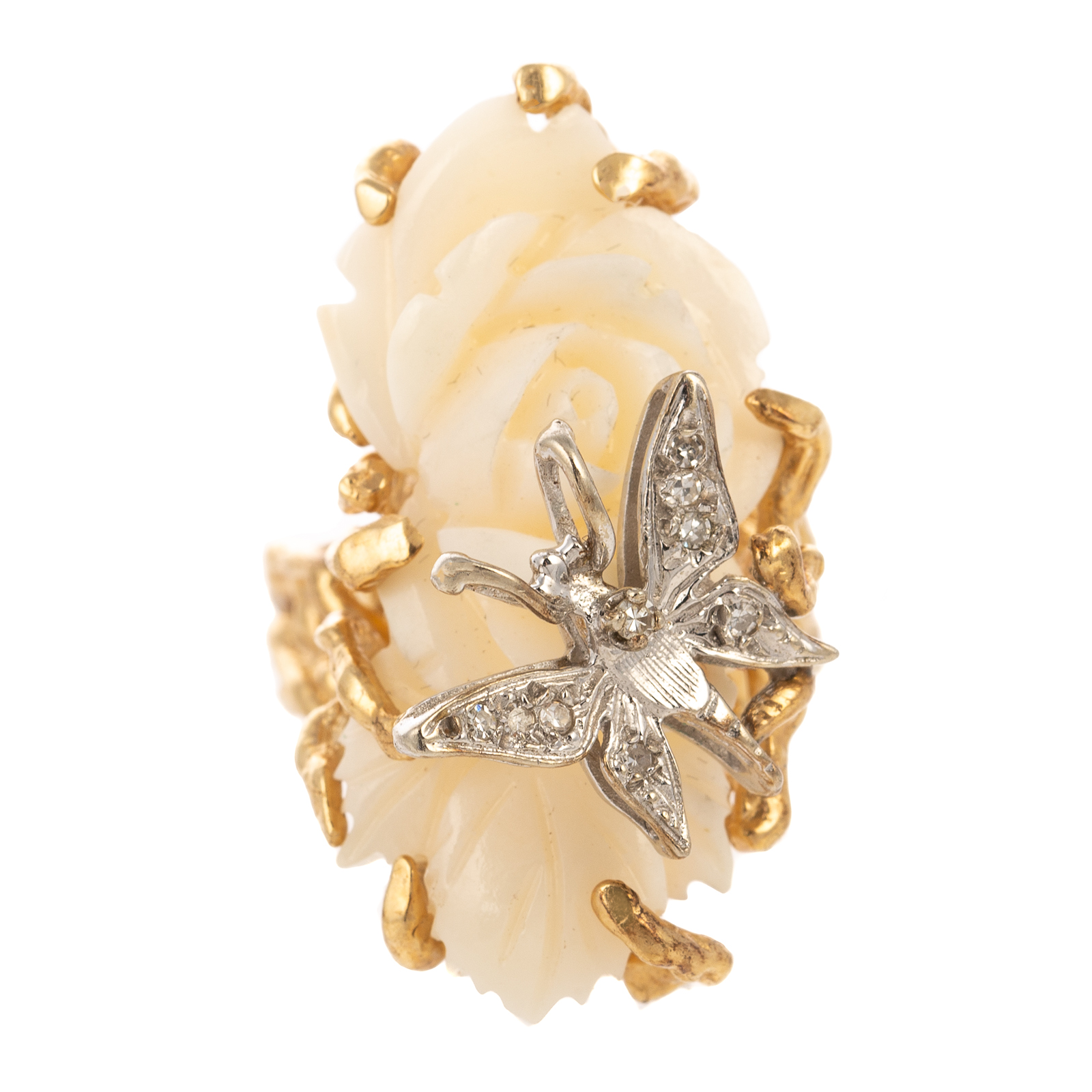 Appraisal: A BRUTALIST CORAL DIAMOND FLOWER RING IN K K yellow