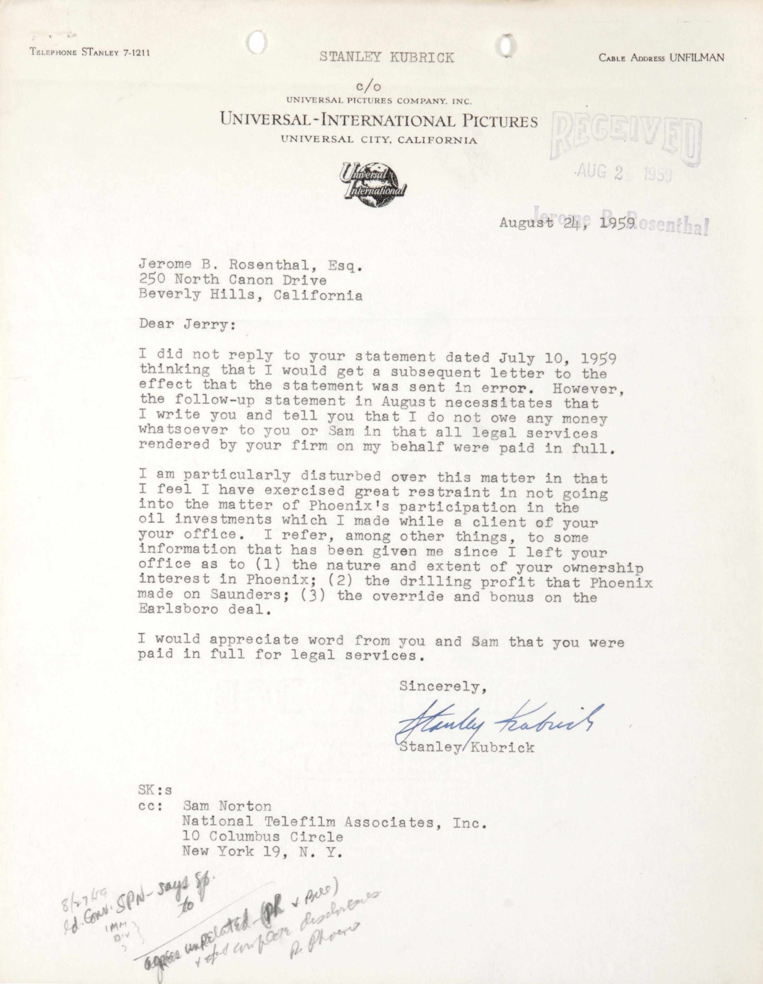 Appraisal: KUBRICK STANLEY - Typed Documents Signed ''Stanley Kubrick'' pp to