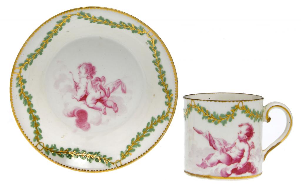 Appraisal: A CHELSEA-DERBY COFFEE CAN AND SAUCER painted by Richard Askew