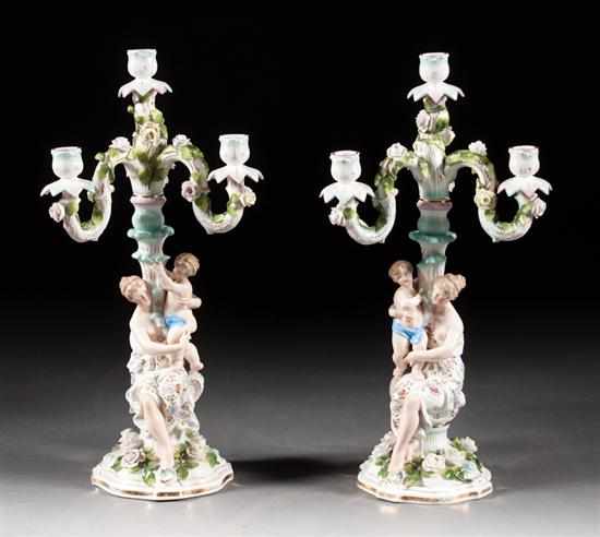 Appraisal: Pair of Dresden porcelain figural four-light candelabra early th century